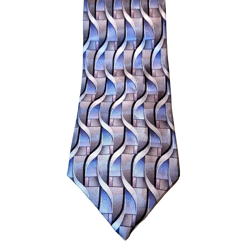 Palatina Geometric Blue Gray Silver Imported Silk‎ Textured Pointed Tie Made USA